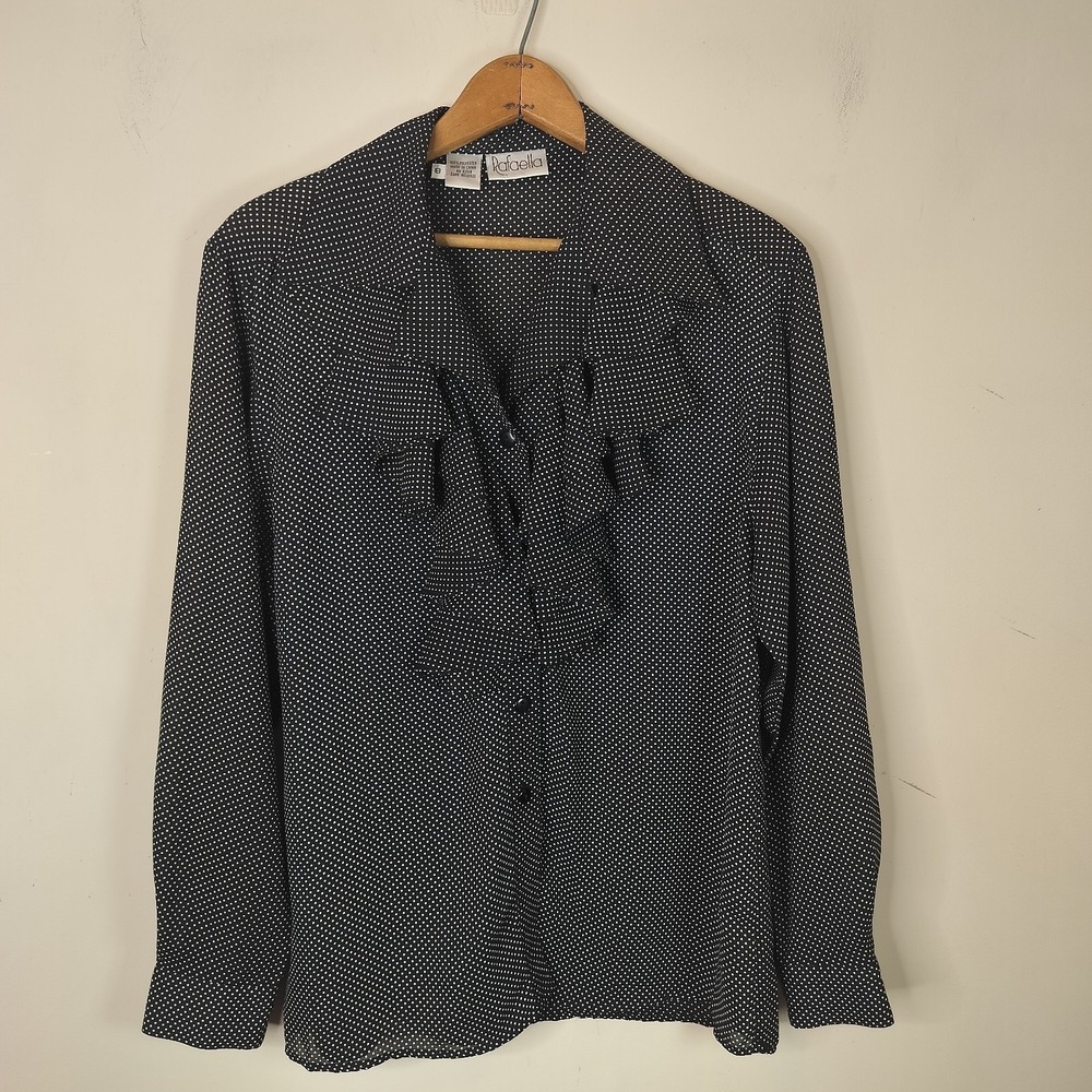 Rafaella Navy Blue and White Polka Dot Ruffle Button-Down Blouse